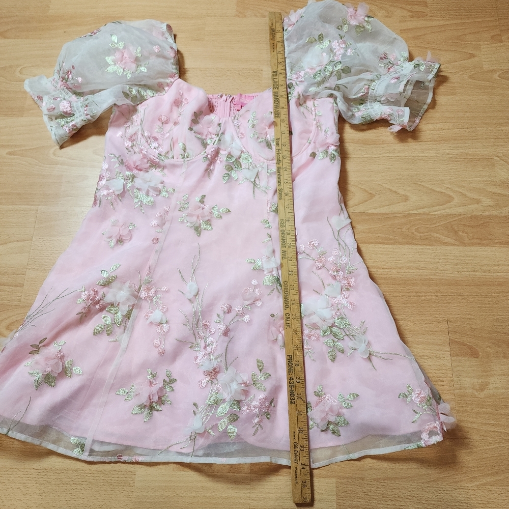 Sugar Thrillz 3D Floral Pink Green Puff Sleeve Mini Dress Size 1X Fairy Coquette - Picture 10 of 16